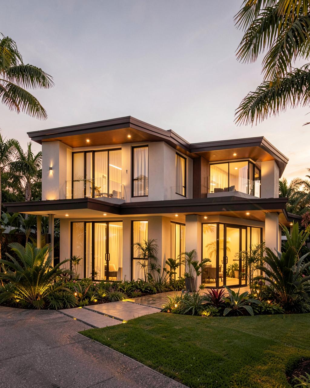 Casa moderna iluminada ao entardecer